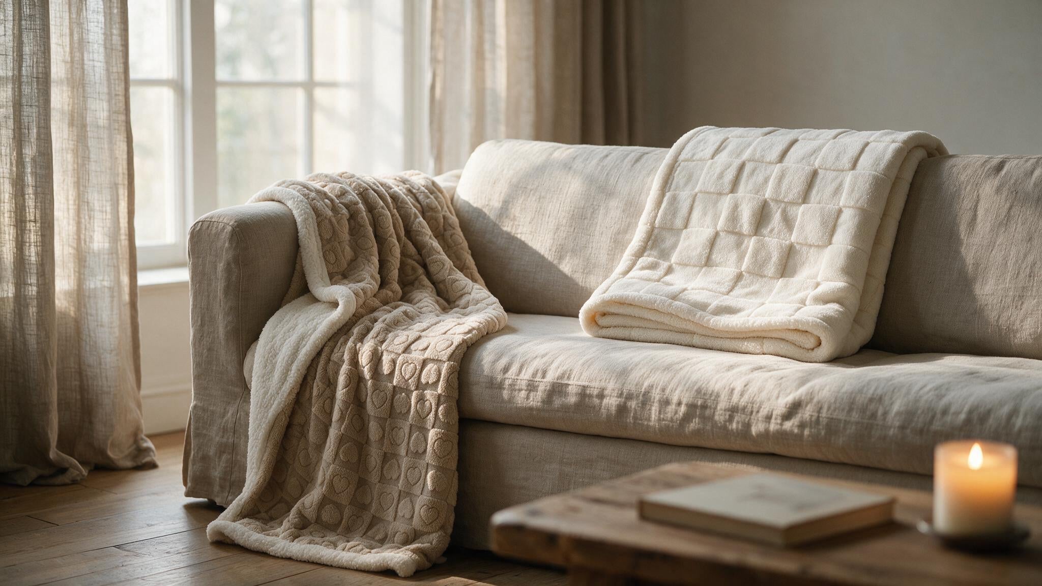Plaids cocooning beige et écru dans un salon lumineux