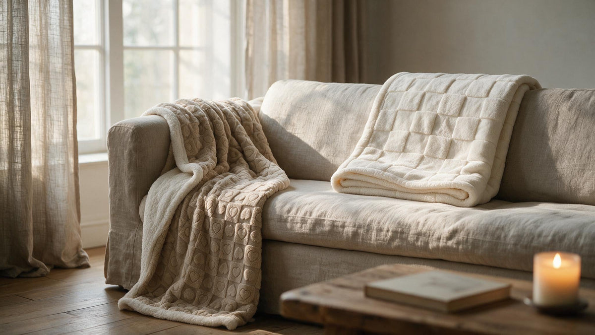 Plaids cocooning beige et écru dans un salon lumineux