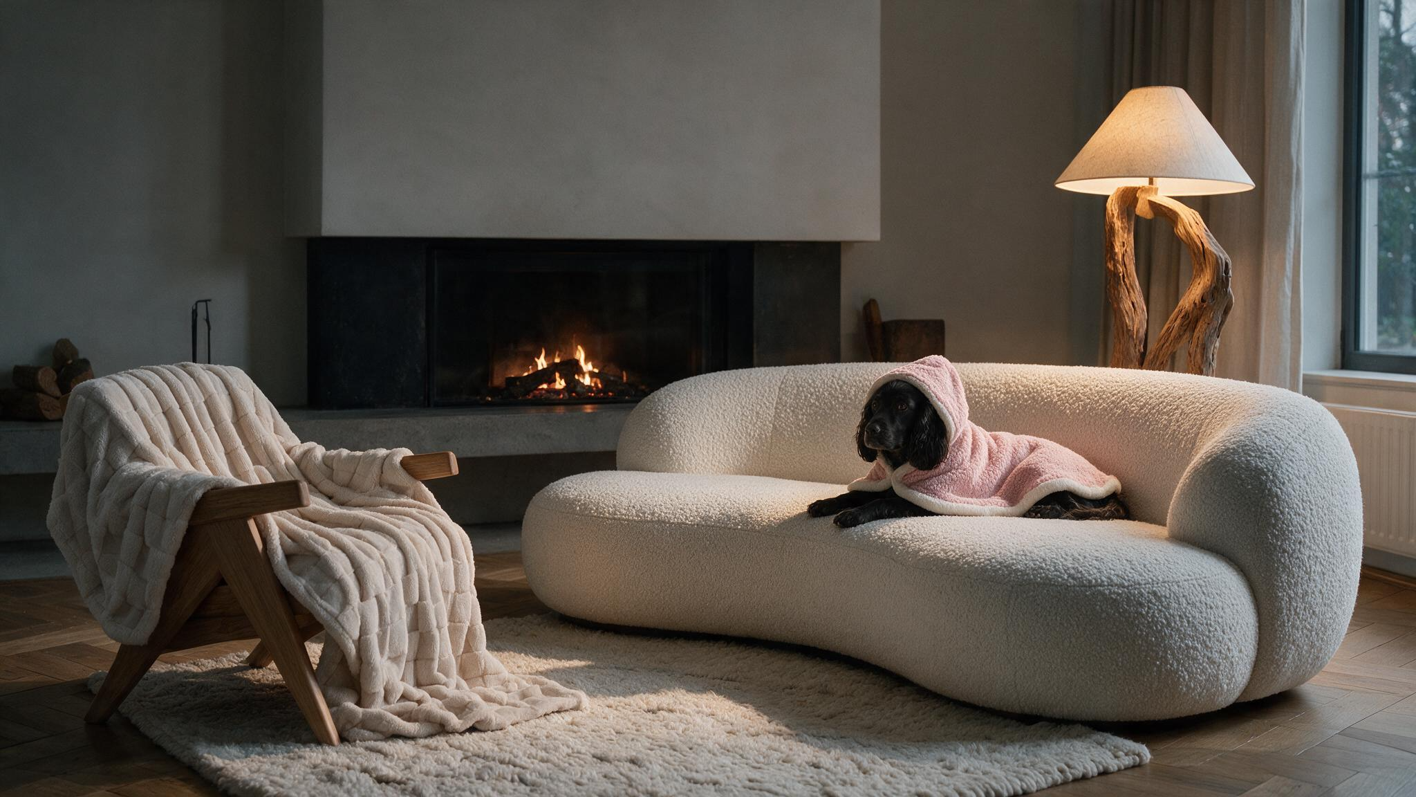 Plaid et cape pour chien et chat dans un intérieur chaleureux