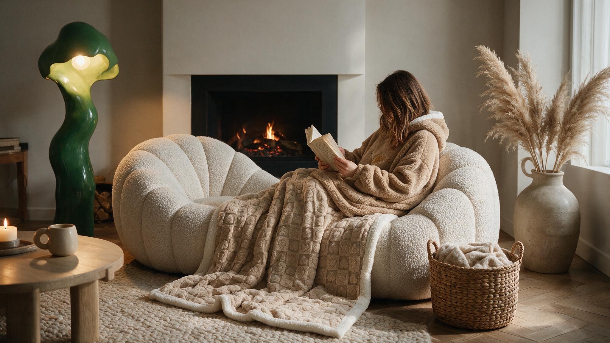 Pull plaid oversize et douillet porté dans un salon cocooning