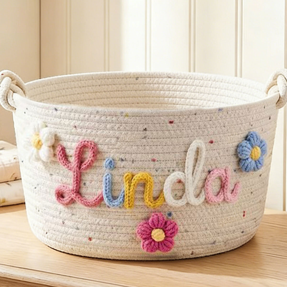 Détail de la corde de coton brossée du panier de rangement