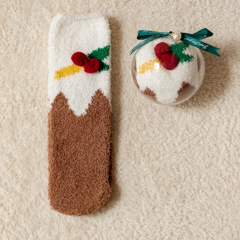 Boule chaussette motif houx marron et blanc