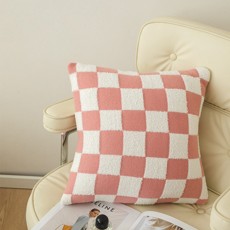 Housse de coussin damier coloris rose