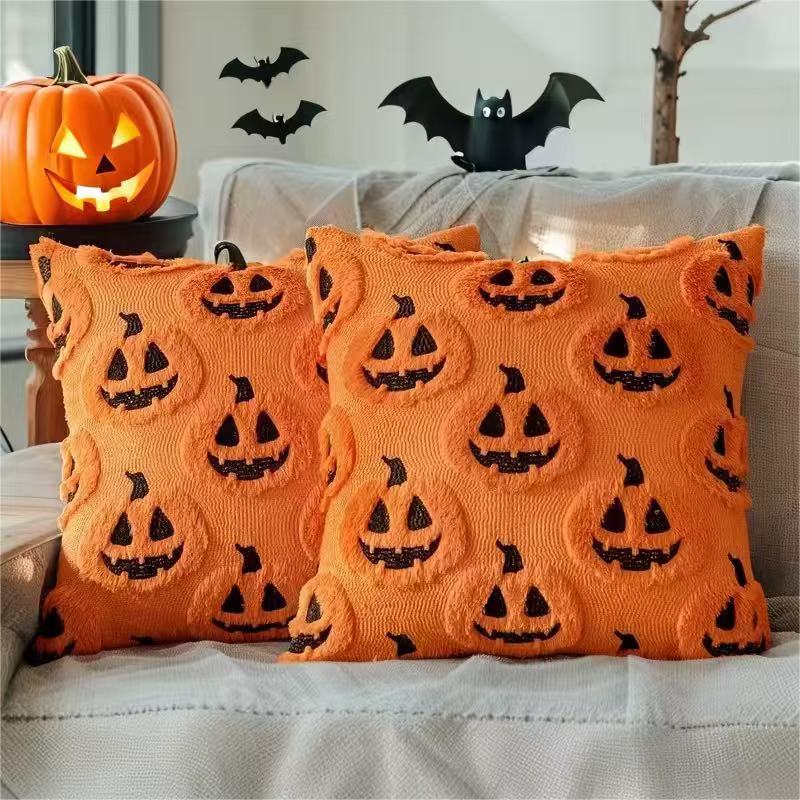 Housse de coussin motif citrouilles horreur orange