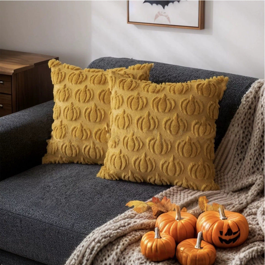 Housse de coussin motif citrouilles jaune