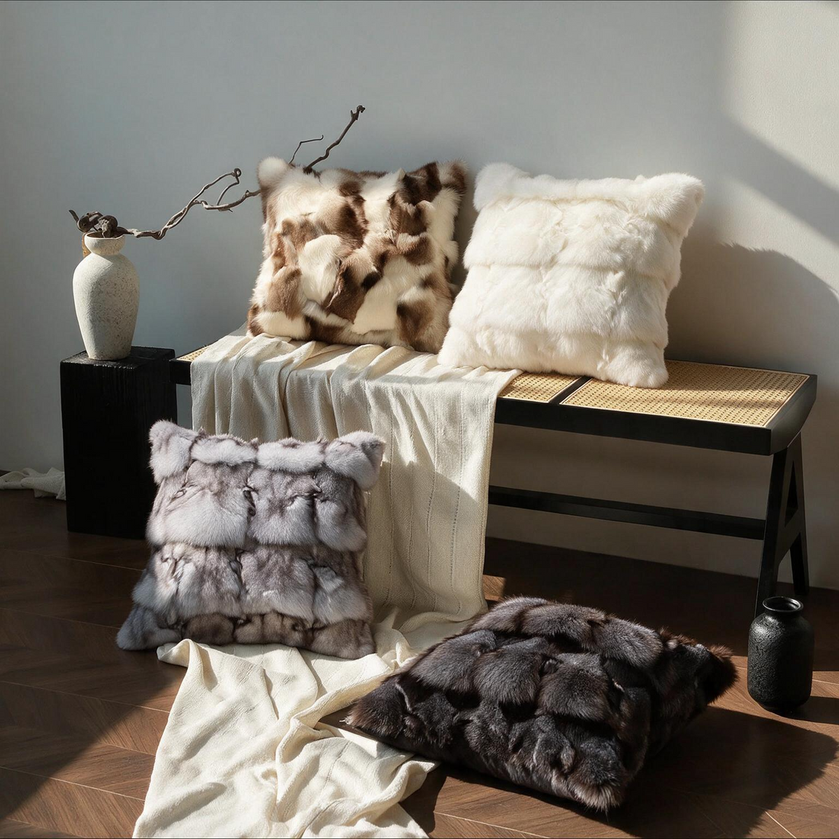 Coussins fausse fourrure sur un canapé