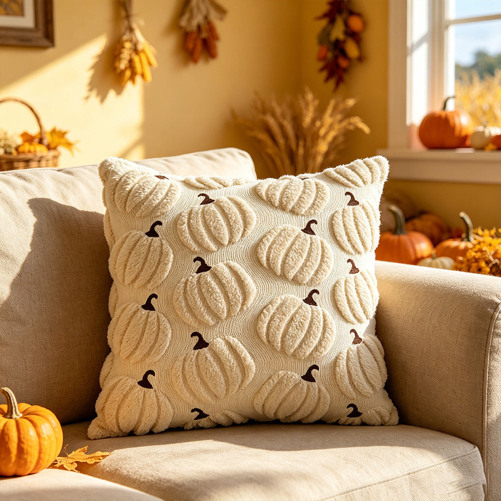 Housse de coussin Halloween motif citrouille beige