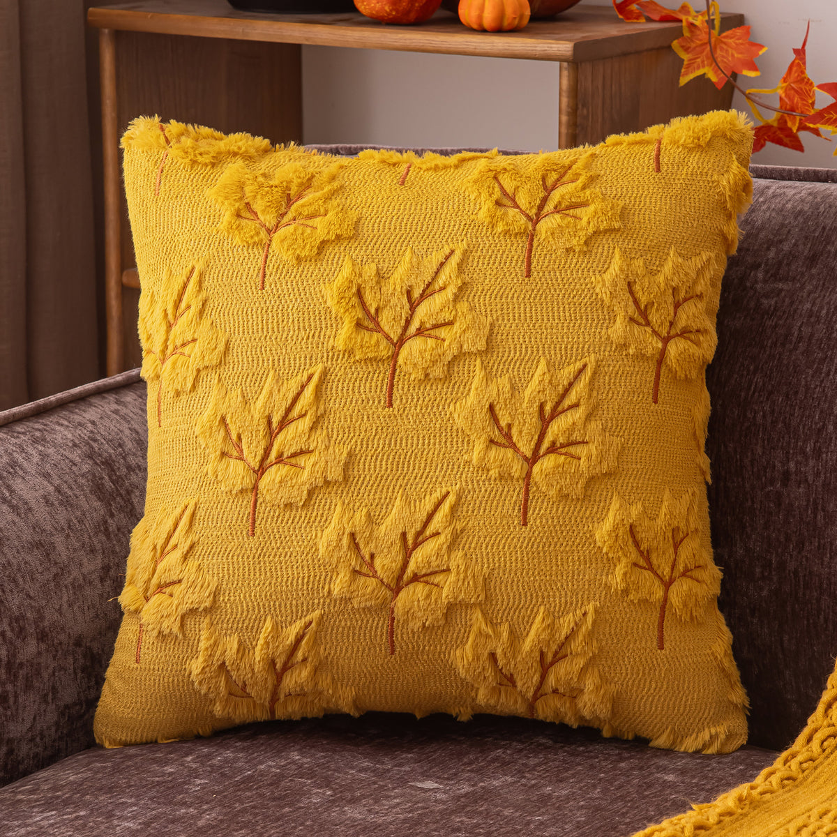 Housse de coussin Halloween motif feuille jaune