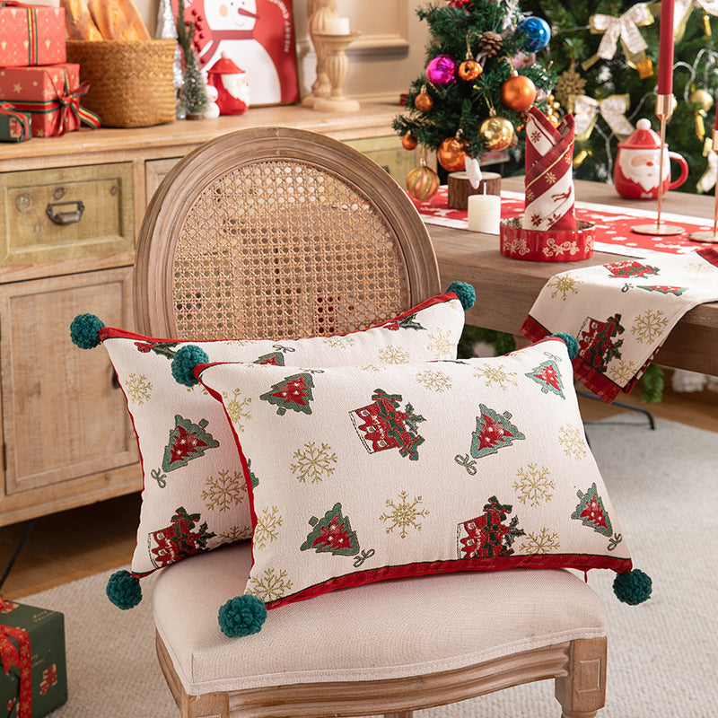 Coussin jacquard de Noël motif sapin à flocons, fond vert