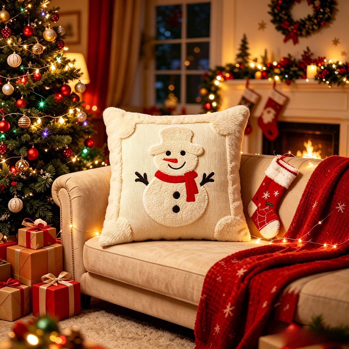 Housse de coussin de Noël motif bonhomme de neige