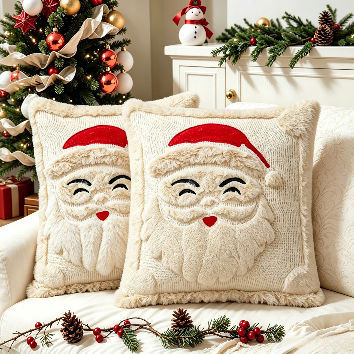 Housses de coussin de Noël en fausse fourrure, motif père Noël