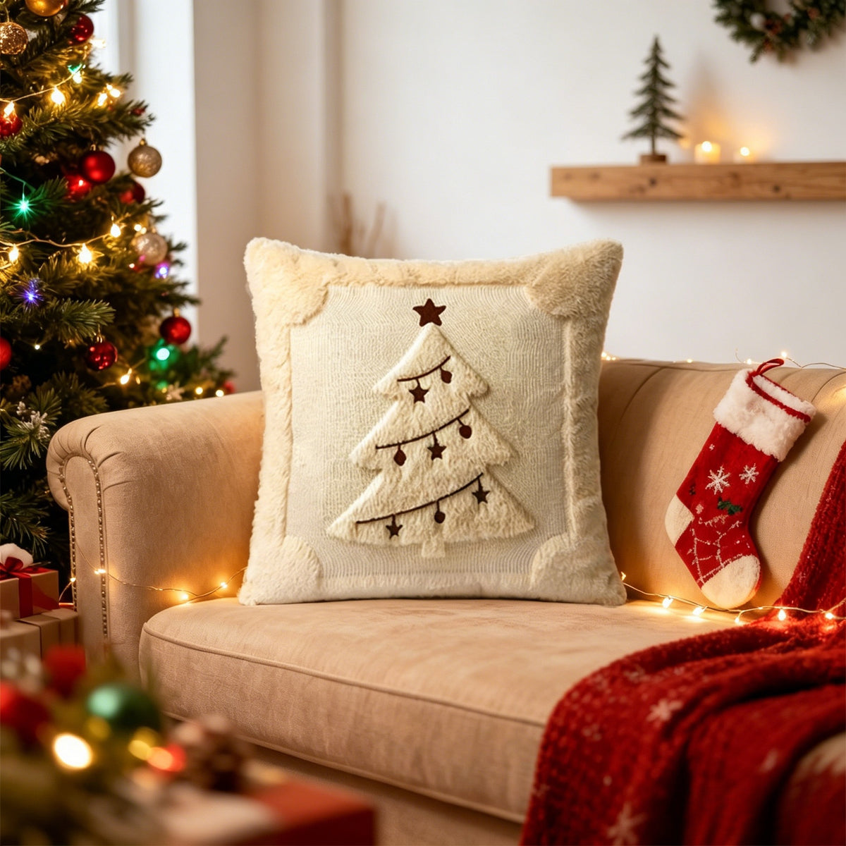 Housse de coussin de Noël motif sapin de Noël