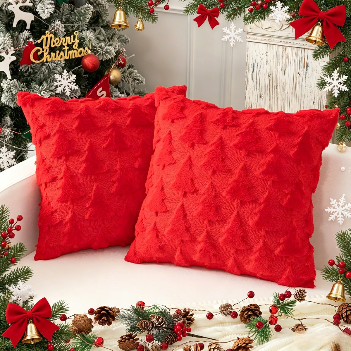 Housse de coussin de Noël motif sapins rouge