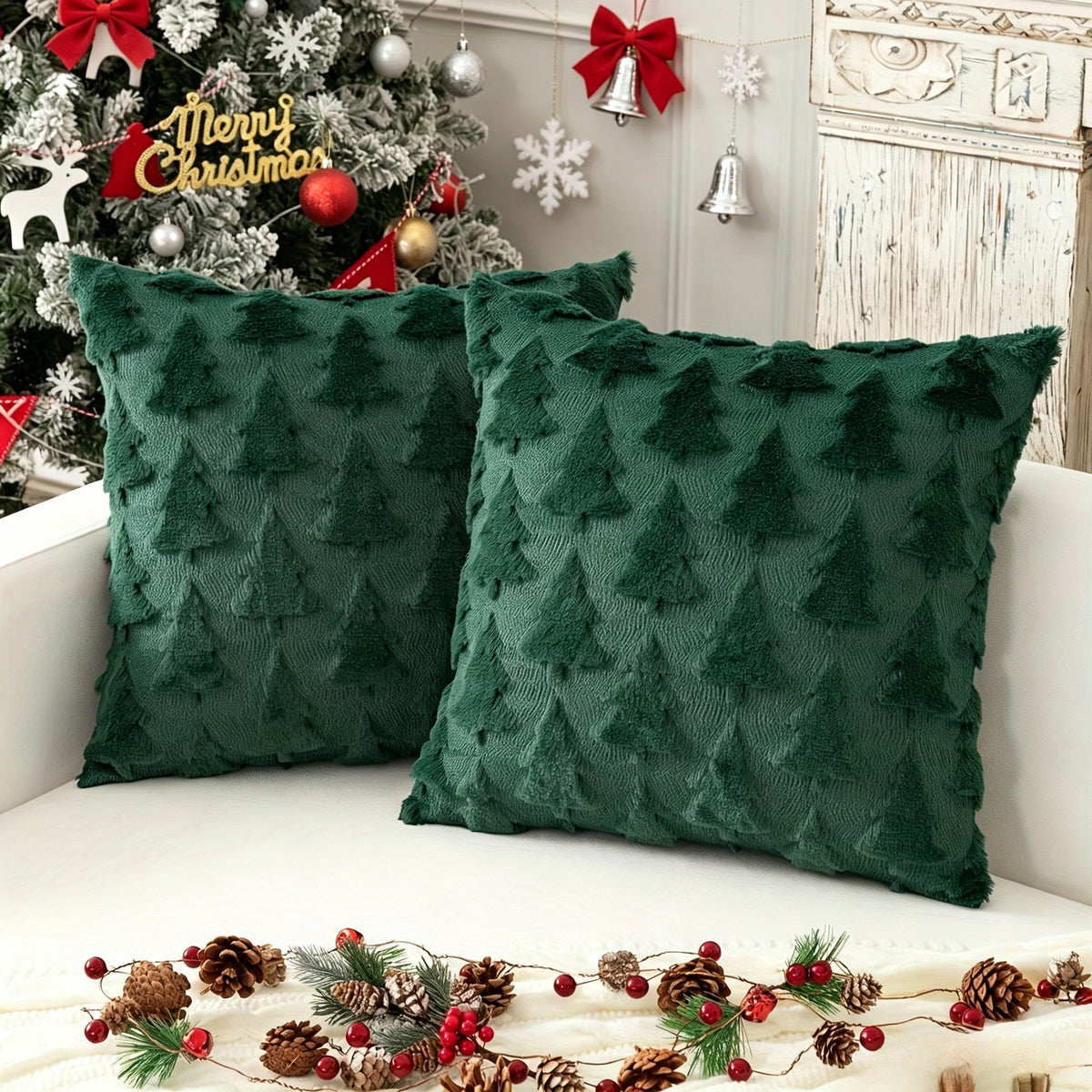 Housse de coussin de Noël motif sapins vert