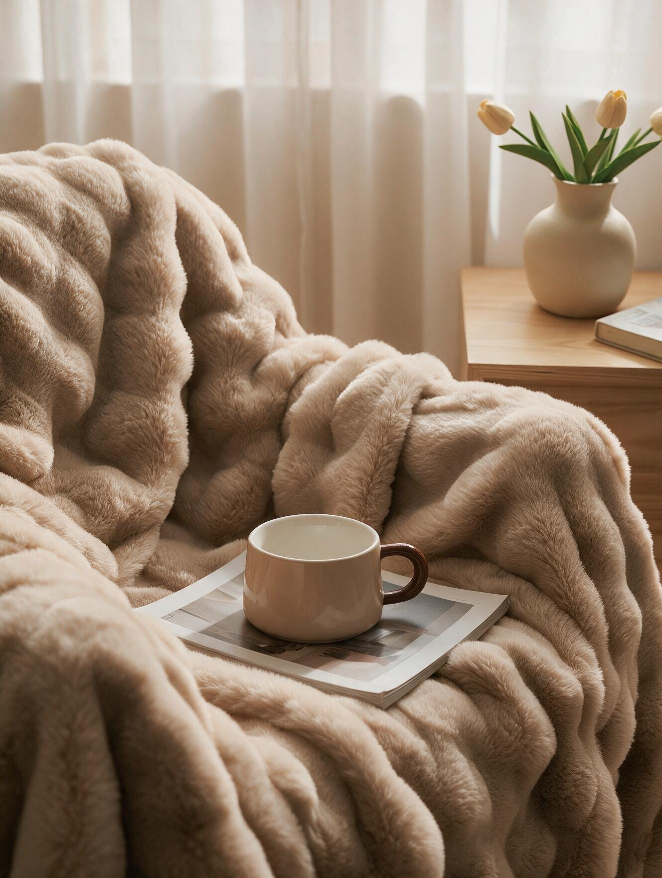 Plaid fausse fourrure Vagues camel jeté sur un fauteuil en bois clair