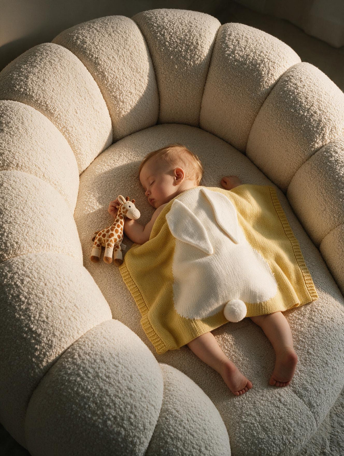 Plaid bébé tricoté oreilles de lapin coloris jaune