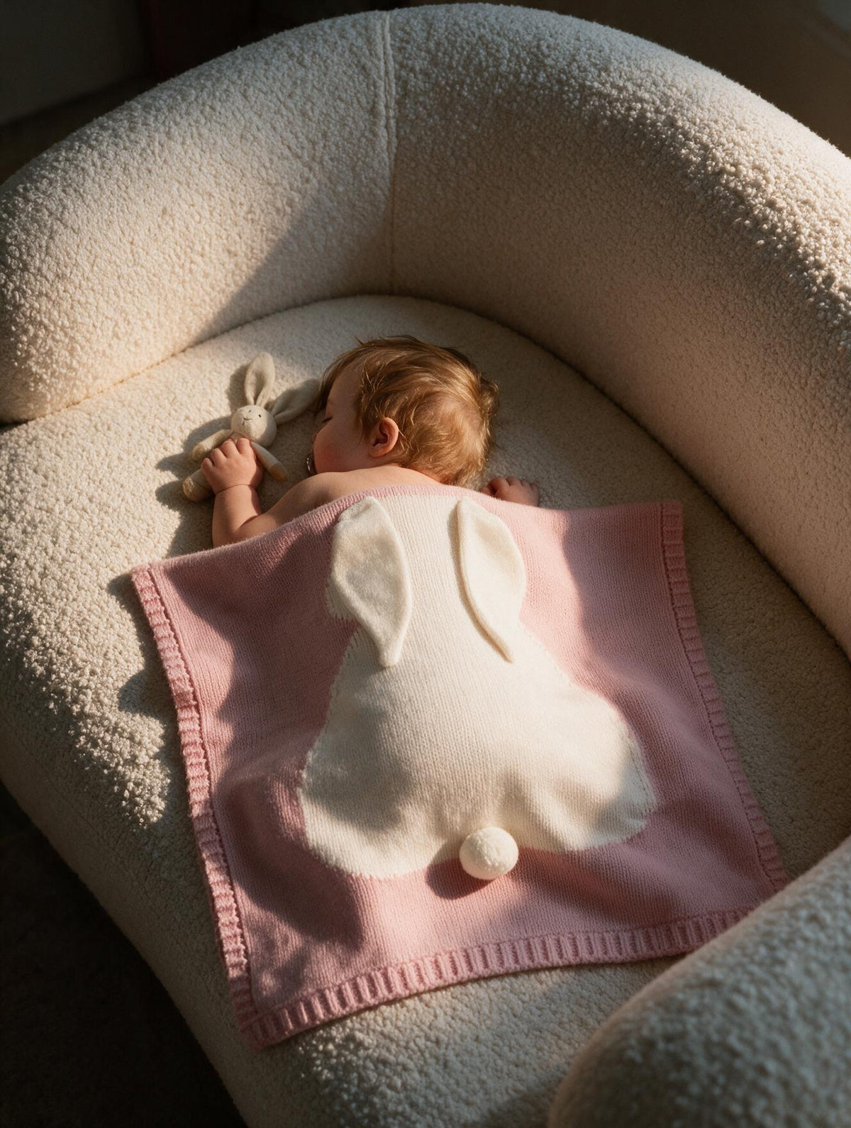 Plaid bébé tricoté oreilles de lapin coloris rose