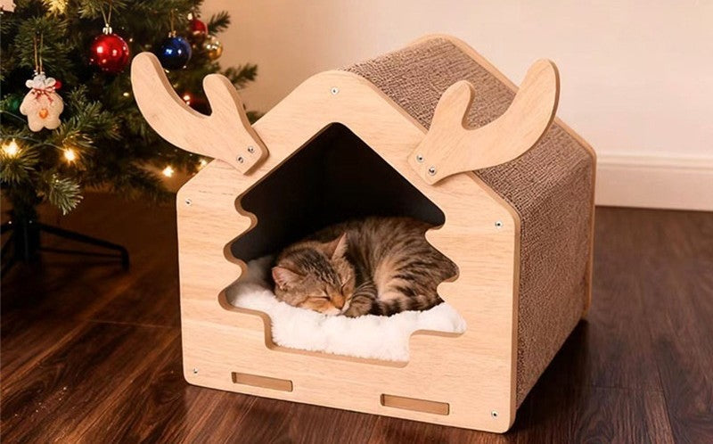 Maison de Noël en bois pour chat avec griffoir