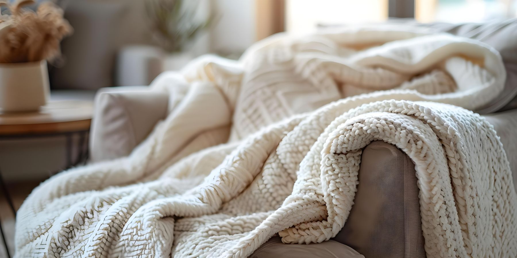 Salon cocooning avec un plaid beige sur le canapé