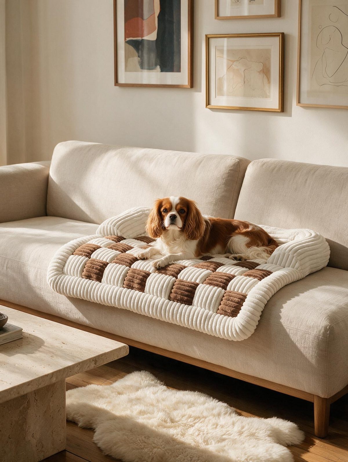 Tapis damier pour chien et chat dans un salon
