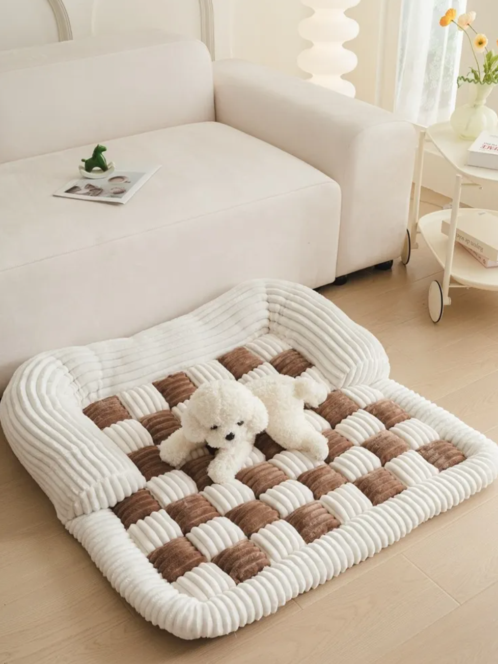 Chien couché sur son tapis damier