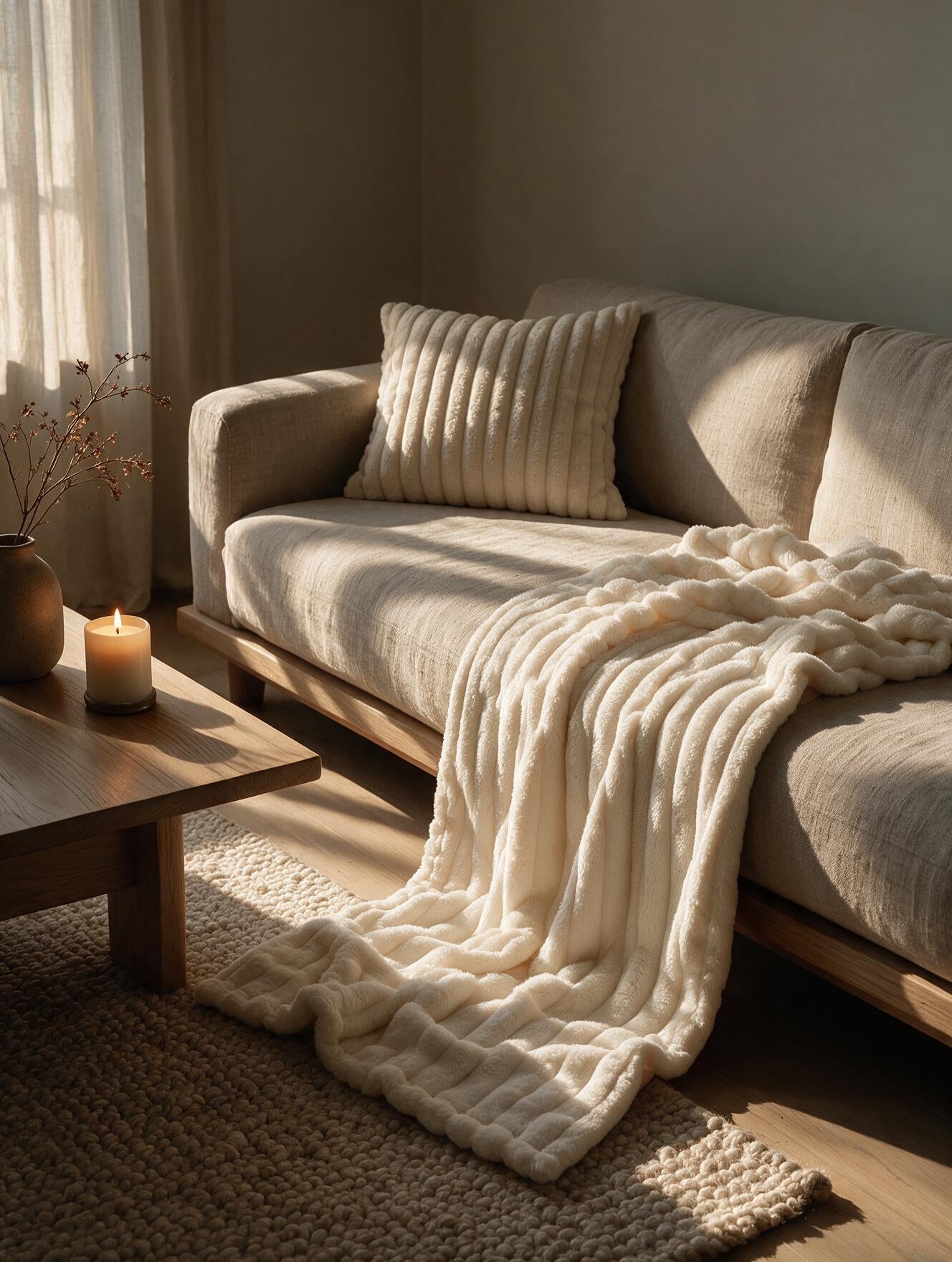 Plaid côtelé Nuage blanc déplié sur un lit