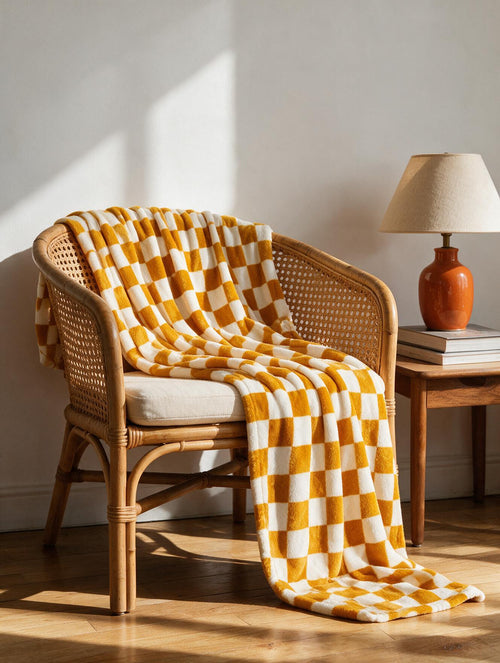 Plaid damier flanelle posé sur un lit