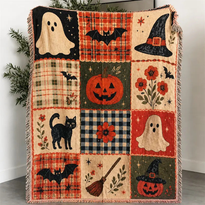Plaid déco Halloween à motif citrouille et fantôme