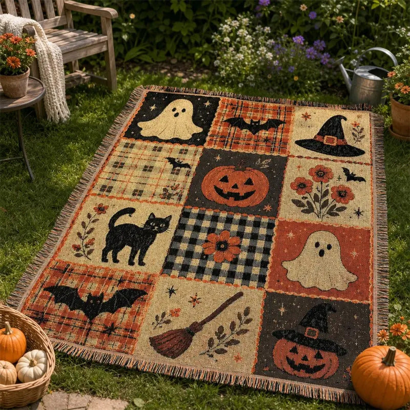 Plaid Halloween citrouille fantôme posé sur un canapé