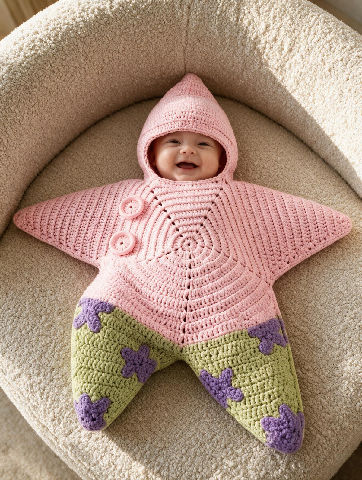 Gigoteuse bébé en crochet coloris rose et vert