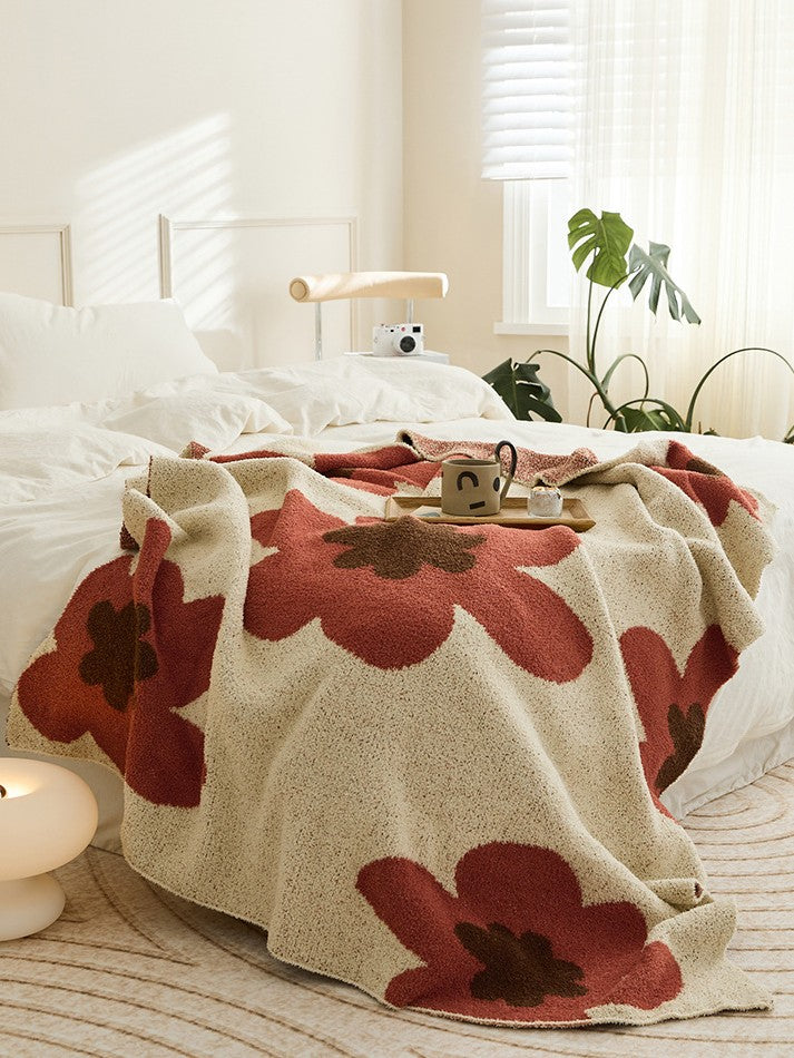 Plaid tricot velours Fleur coloris bordeaux