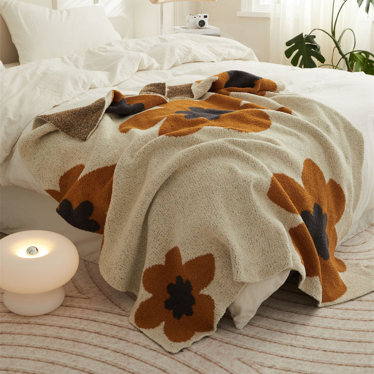 Plaid tricot velours Fleur coloris marron