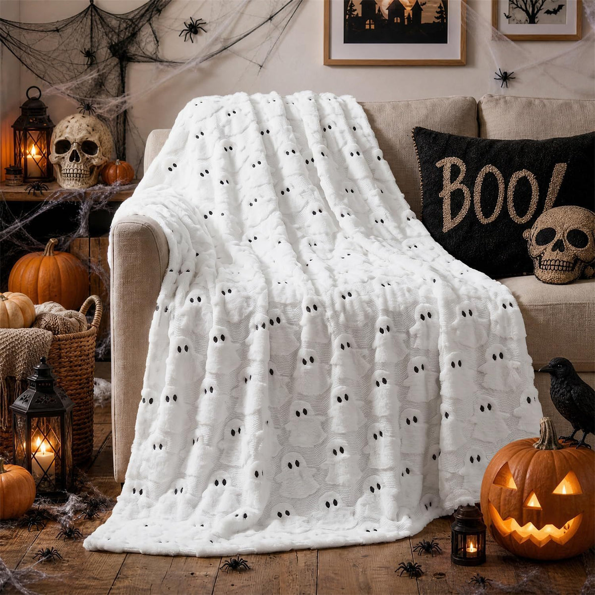 Plaid Halloween motif fantôme blanc