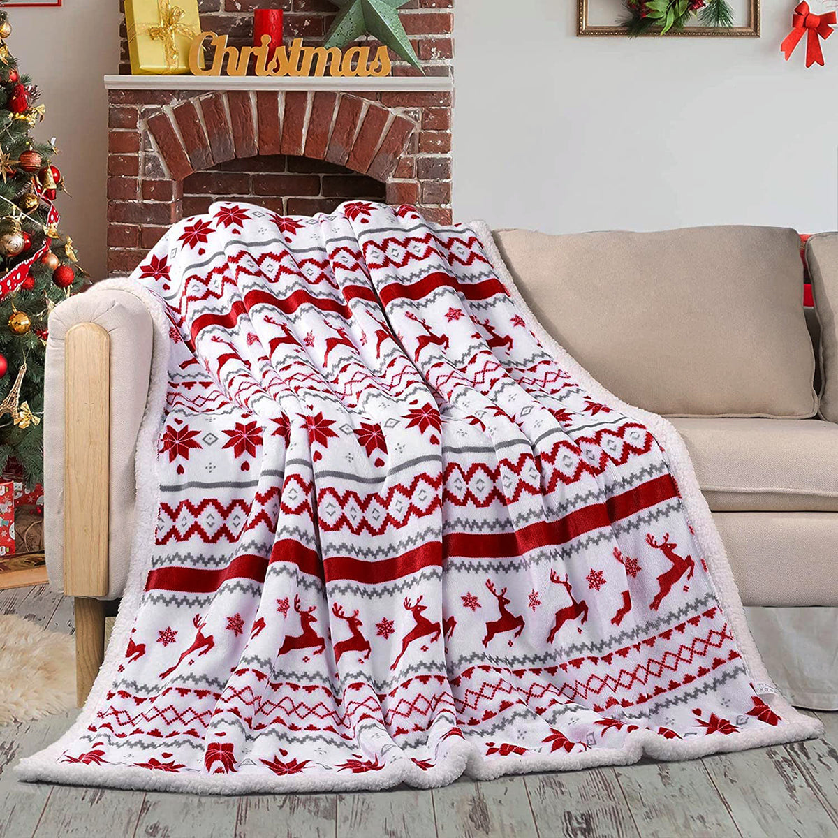Plaid de Noël en flanelle, coloris blanc