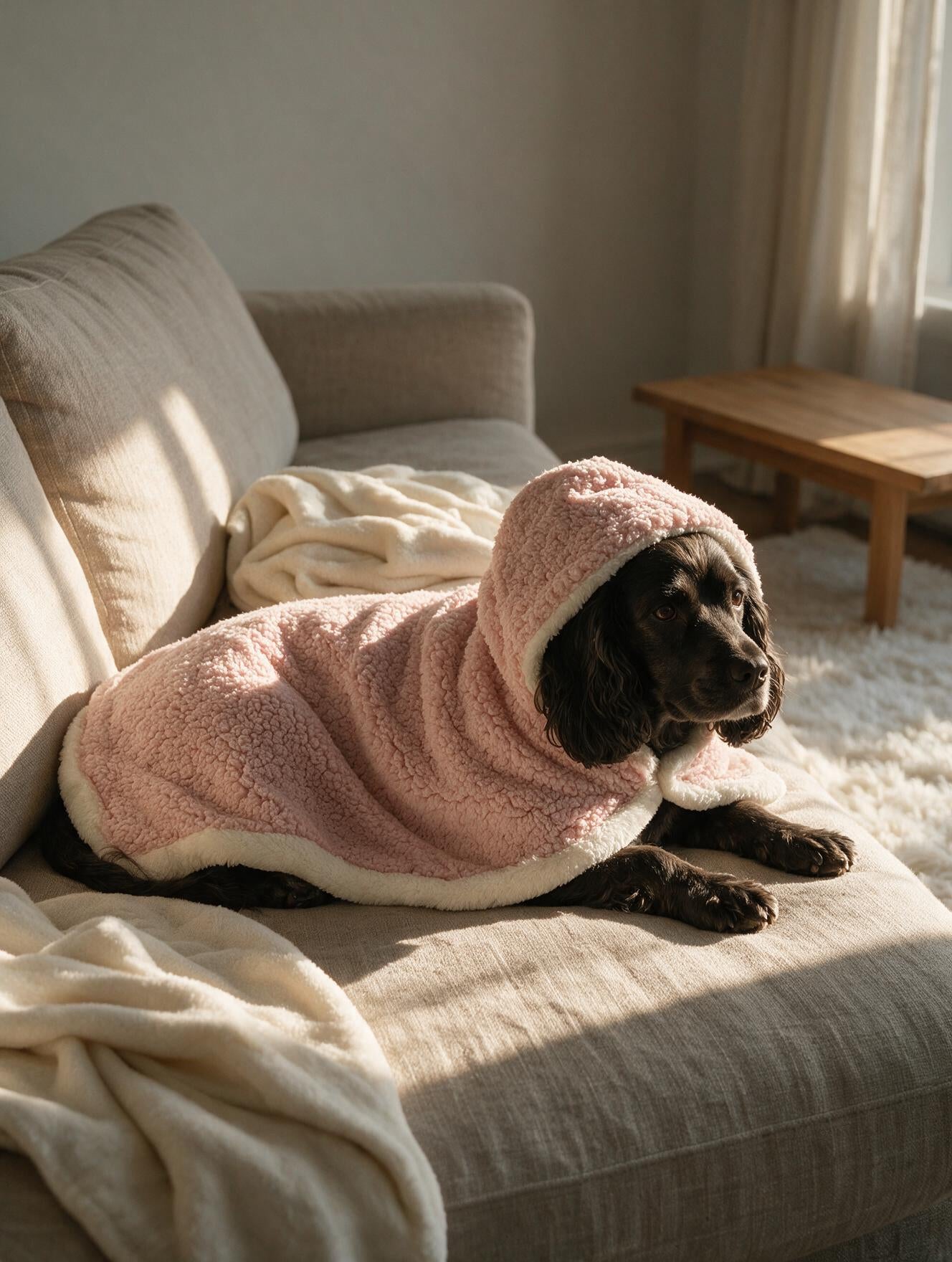 Petit chien enroulé dans le plaid à capuche Ourson rose