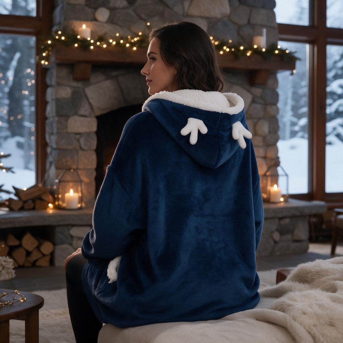 Pull plaid cornes de renne coloris bleu