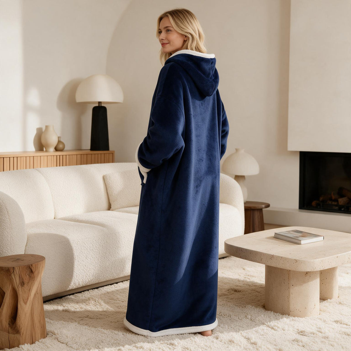 Pull plaid long uni coloris bleu nuit