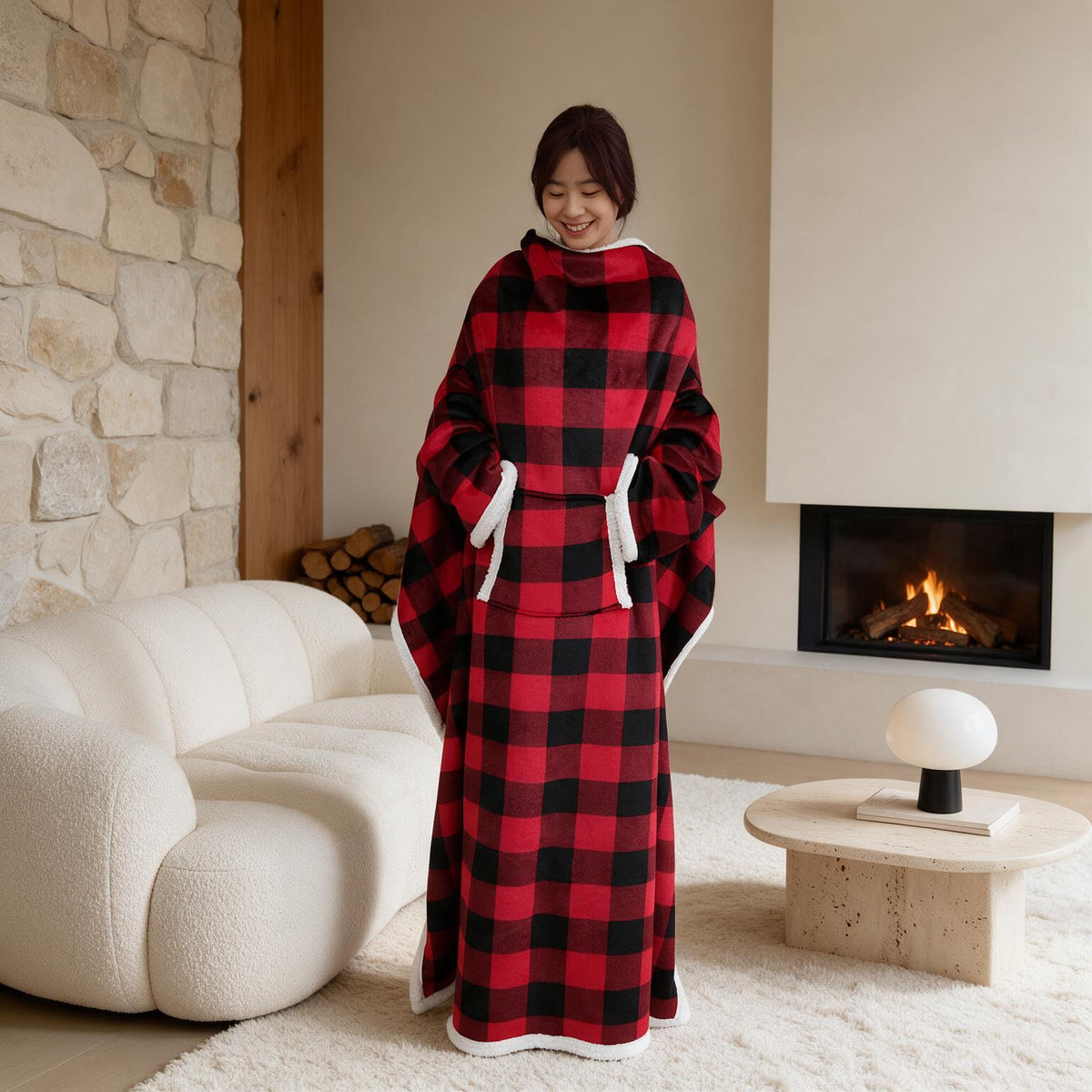 Pull plaid long motif carreaux rouge