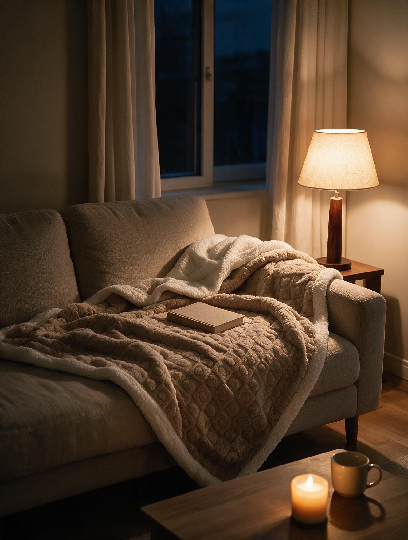 Plaid Cœurs sherpa beige sur un fauteuil en bois