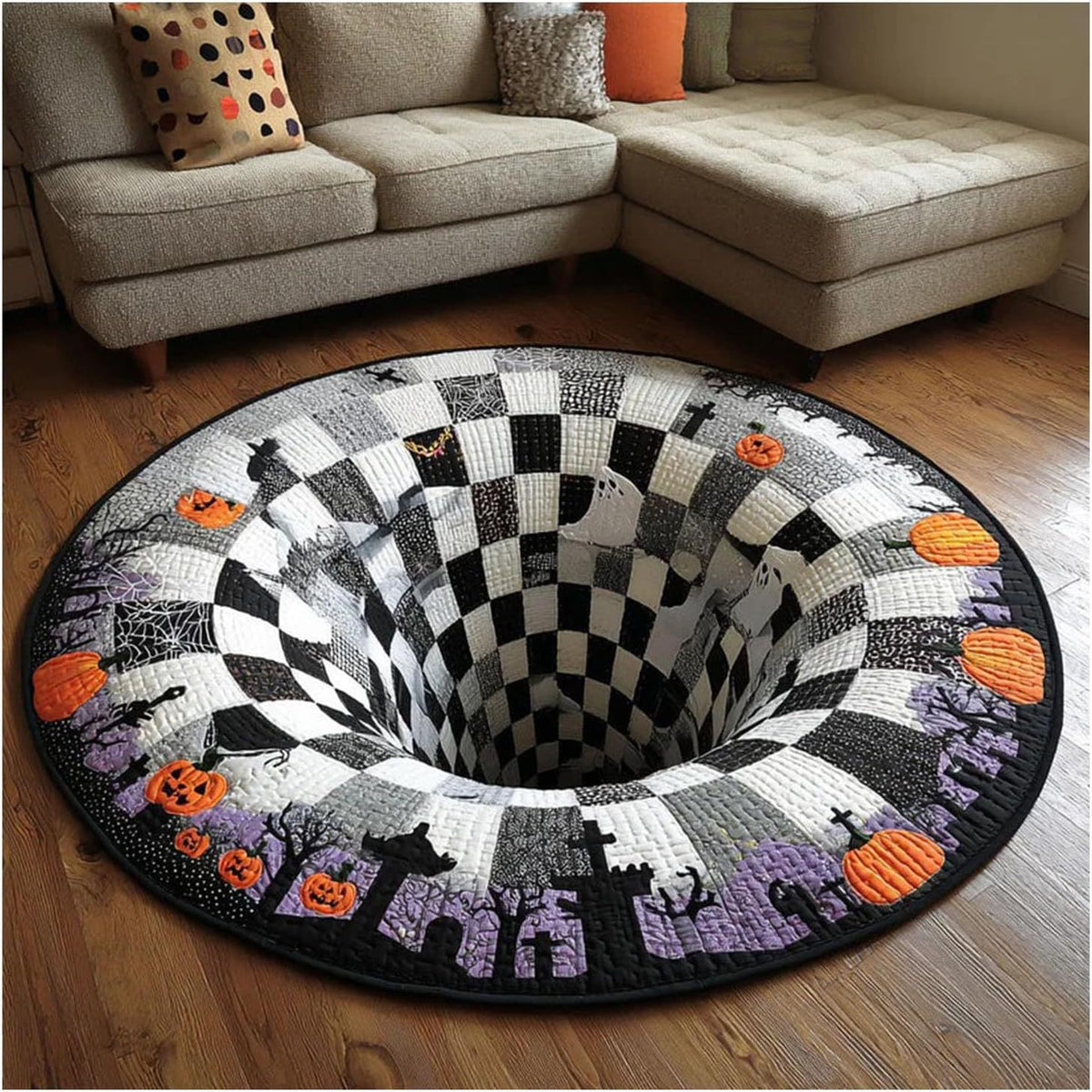 Tapis rond Halloween motif noir et blanc